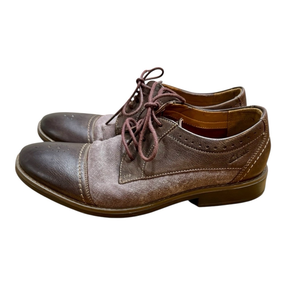 Clarks Collection Men's Size 9.5 Ortholite Brown Leather/Canvas Oxford Shoe - Picture 5 of 8